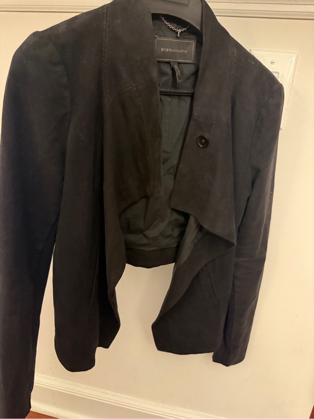 BCBGMAXAZRIA Black Draped Faux Suede Jacket